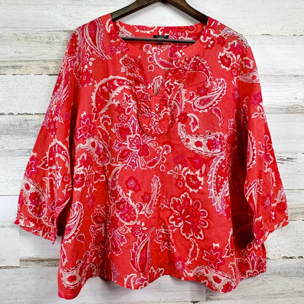 Talbots Paisley Blouse Womens 3XP Coral Pink Cotton Ruffle V-Neck Boho Top